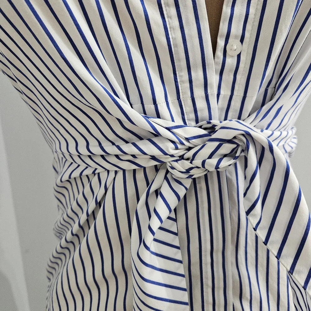 Lauren Ralph Lauren Blue White Stripe Wrap Blouse Short Sleeve XS Summer Resort - Picture 10 of 16